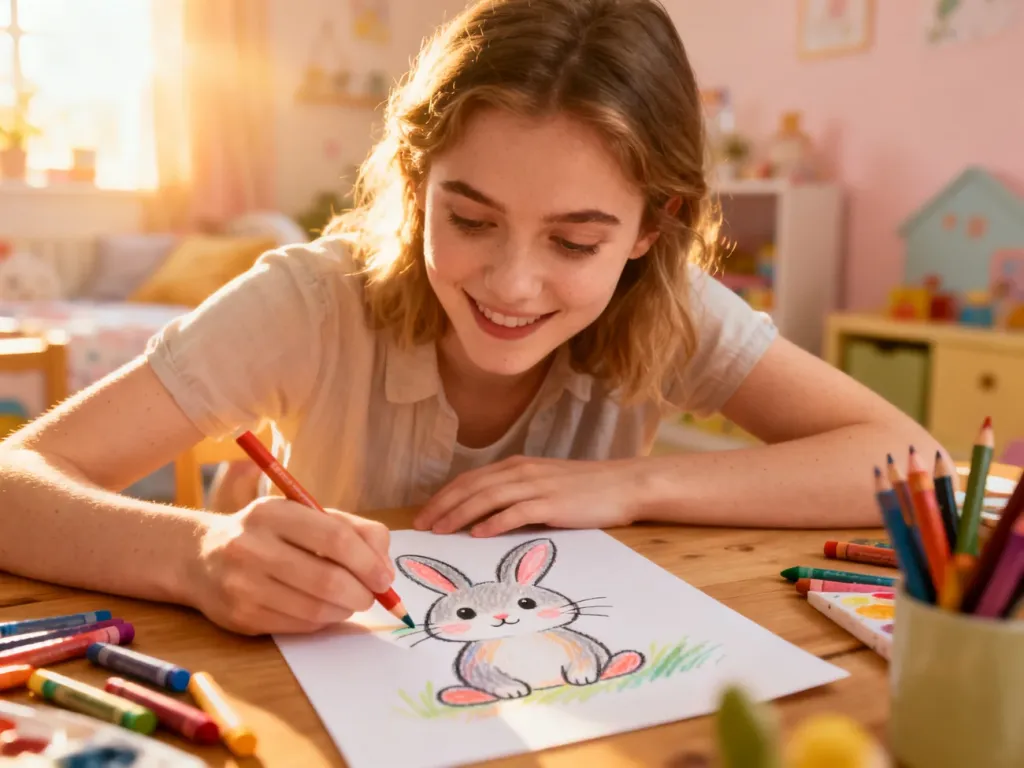 Młoda kobieta z uśmiechem rysuje kolorowymi kredkami uroczego królika na kartce papieru przy drewnianym stole.