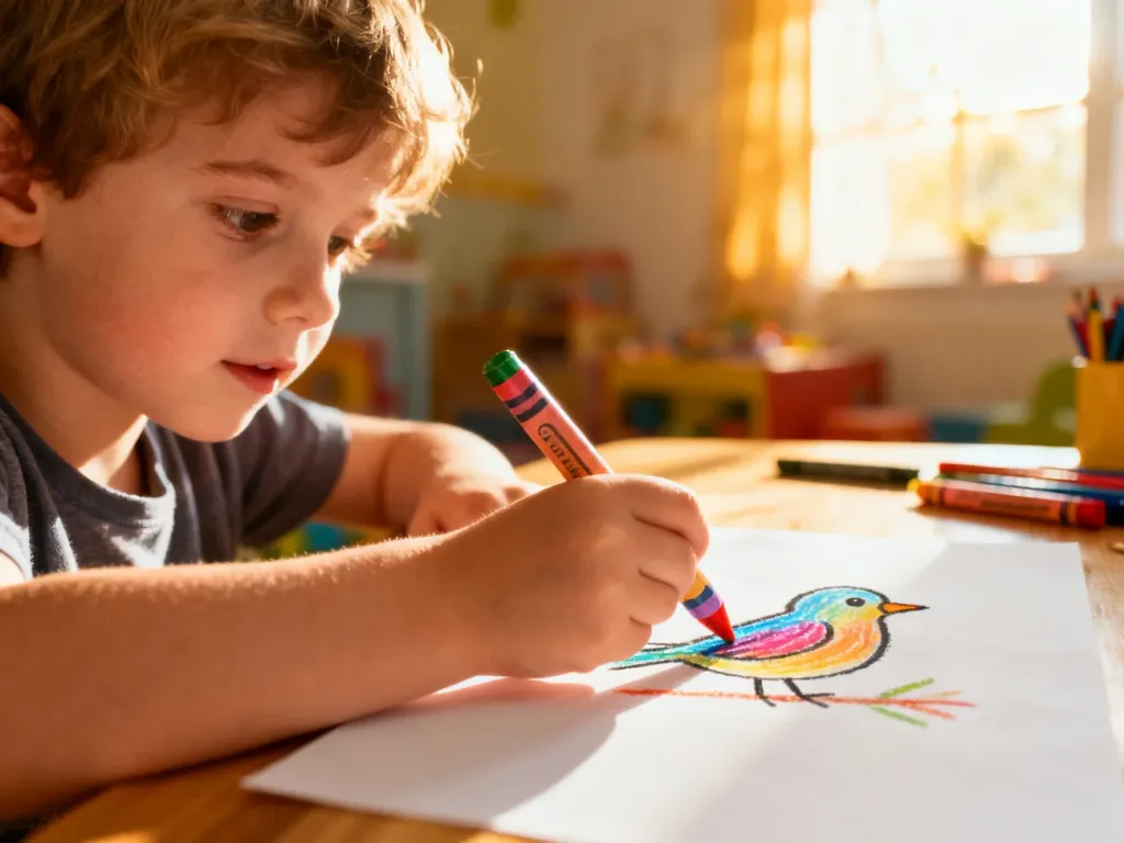Dziecko rysuje kolorową kredką prostego ptaka na białej kartce papieru w słonecznym pokoju zabaw.