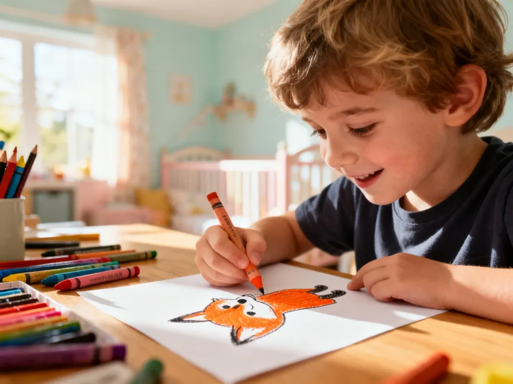 Dziecko z radością rysuje kolorowymi kredkami rudego lisa na białej kartce papieru przy drewnianym biurku.
