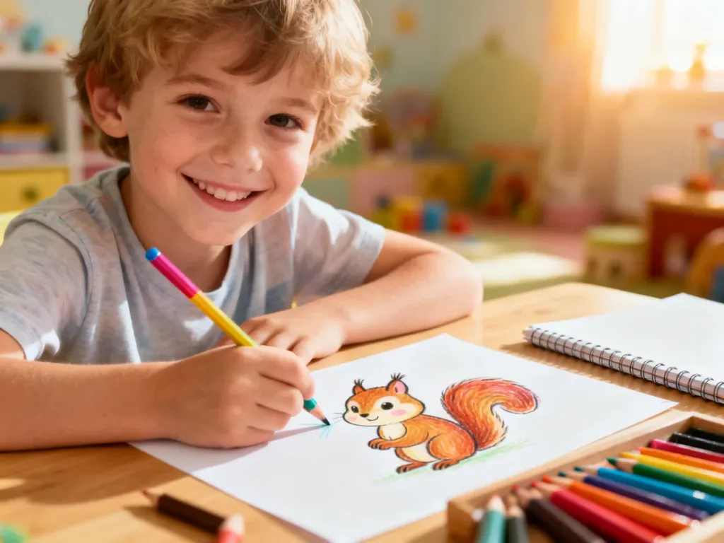 Dziecko rysuje kolorową kredką wiewiórkę na kartce papieru, siedząc przy biurku w słonecznym pokoju.