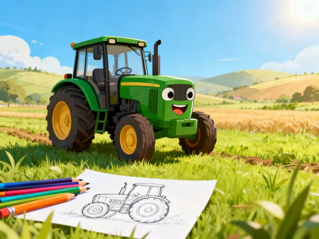 Wesoły, zielony traktor w stylu kreskówkowym obok przyborów do rysowania i szkicu na kartce papieru.