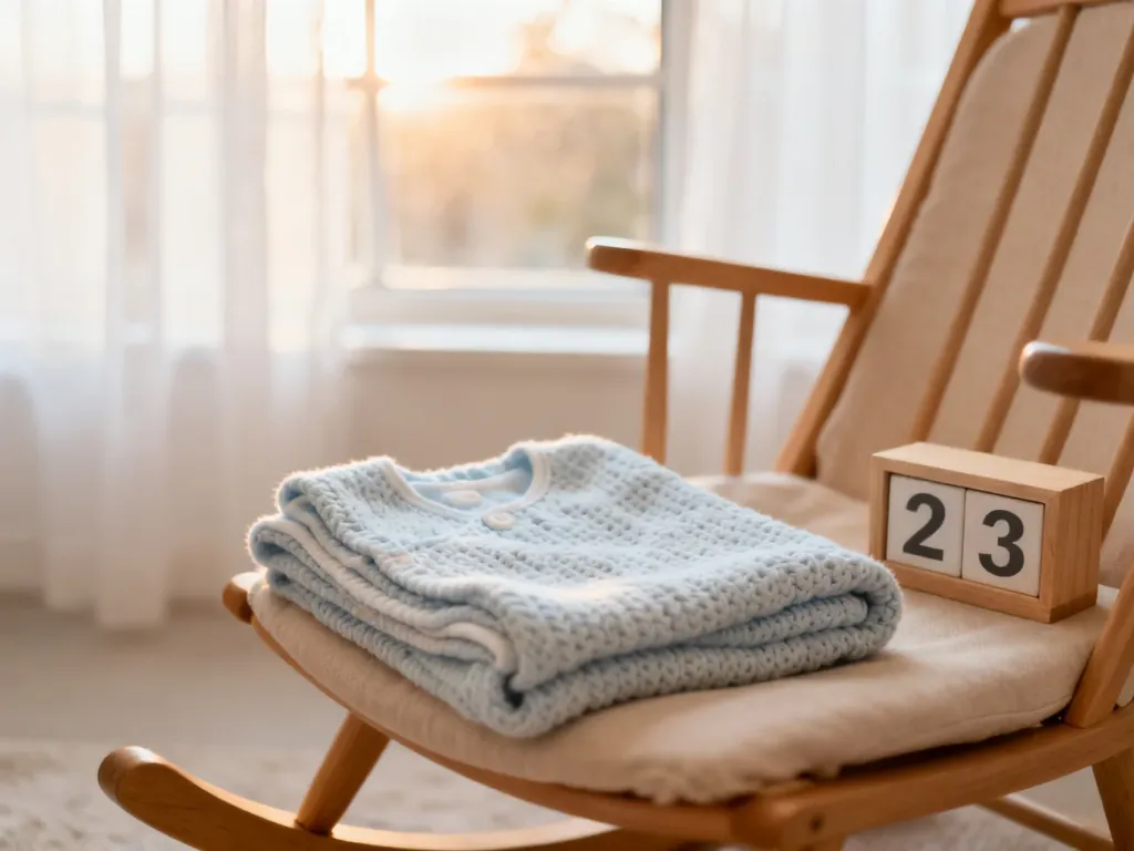 Przytulny pokój dziecięcy z drewnianym kalendarzem wskazującym 23. tydzień ciąży oraz kocykiem na fotelu bujanym.