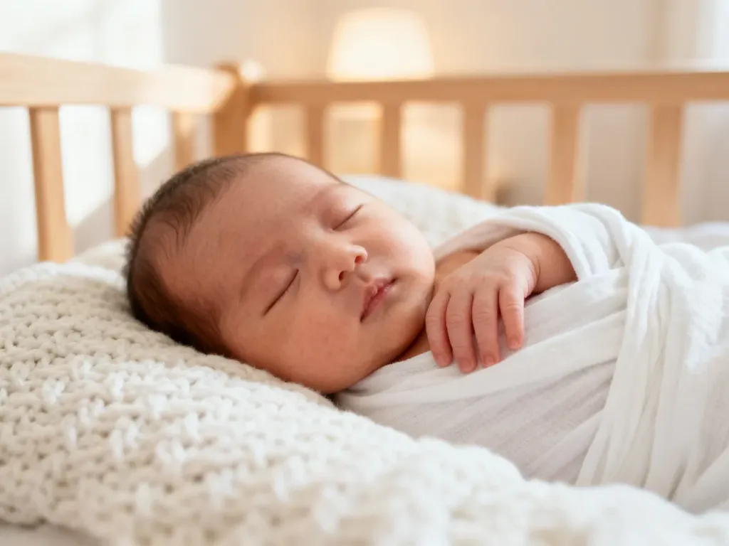 Śpiące tygodniowe niemowlę owinięte w miękki kocyk w przytulnym, jasnym pokoju dziecięcym.
