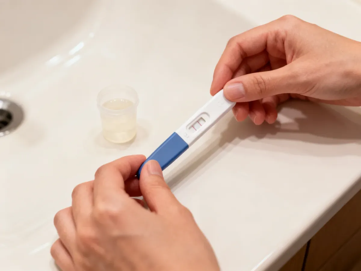 Dłonie wykonujące domowy test ciążowy na łazienkowym blacie