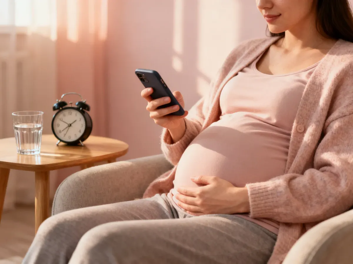 Ciężarna kobieta mierząca czas skurczów za pomocą telefonu