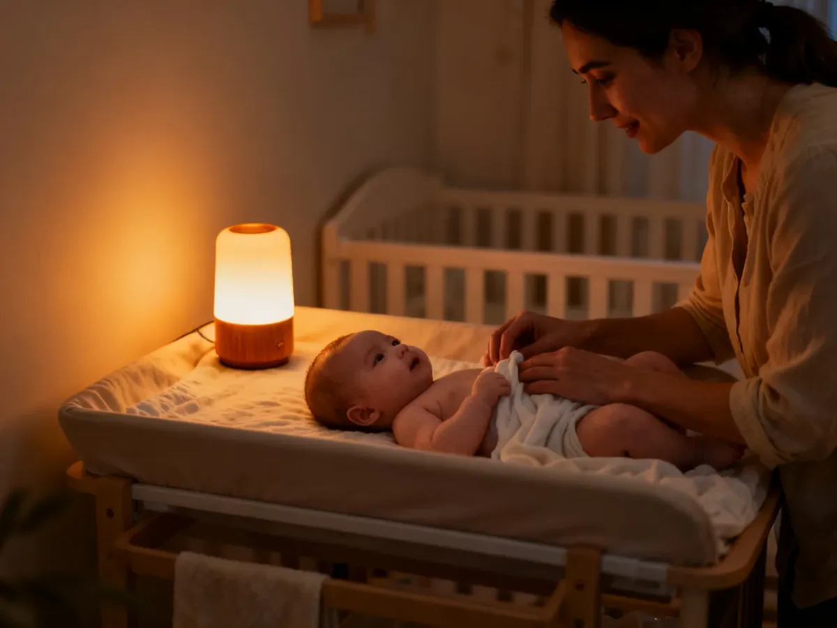 Rodzic przewijający niemowlę przy delikatnym świetle lampki nocnej