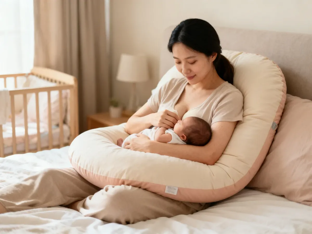 Mama karmiąca niemowlę z pomocą dużej poduszki podpierającej plecy i ramiona
