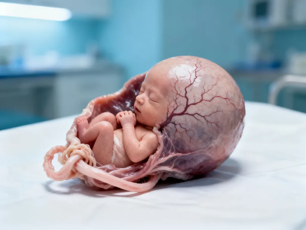 Widok ludzkiego łożyska z widoczną pępowiną i naczyniami krwionośnymi na sterylnym, białym podłożu.
