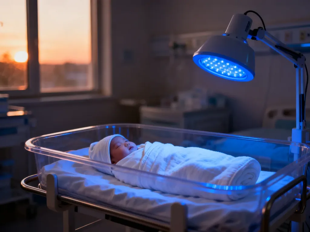 Niebieska lampa do fototerapii oświetlająca łóżeczko noworodka w szpitalnej sali, ilustrująca leczenie żółtaczki.
