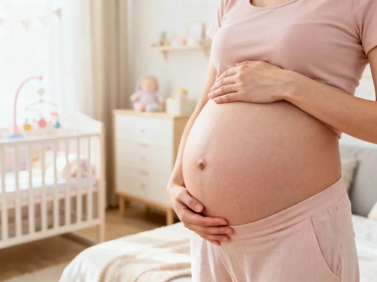 Kobieta w drugim trymestrze ciąży trzymająca dłonie na brzuchu