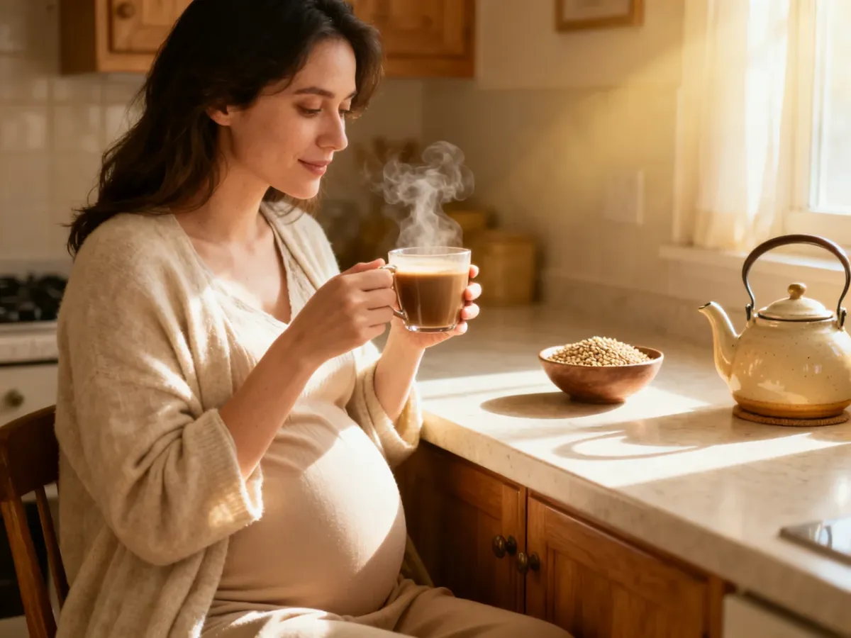 Ciężarna kobieta pijąca kawę zbożową jako bezkofeinowy zamiennik