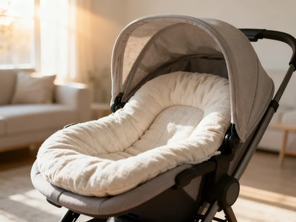Miękka, bawełniana wkładka dla noworodka umieszczona w ergonomicznym foteliku samochodowym w jasnym, przytulnym wnętrzu.