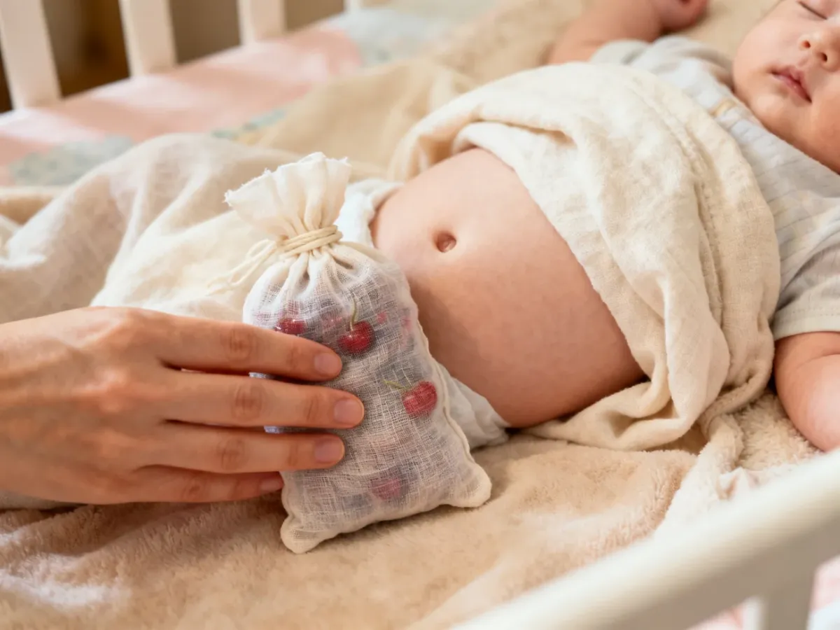 Mały termofor z pestek wiśni owinięty pieluszką przy brzuszku noworodka
