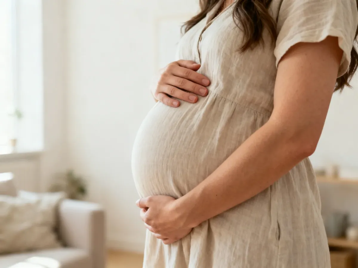 Ciężarna kobieta z delikatnie zaokrąglonym brzuchem w jasnym wnętrzu