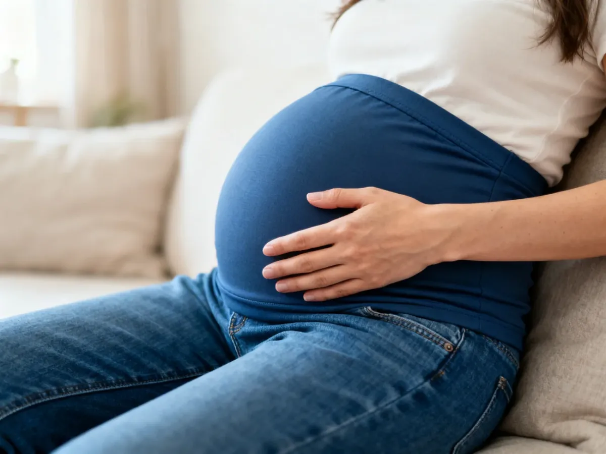 Kobieta w ciąży w jeansach z wysokim elastycznym panelem na brzuchu
