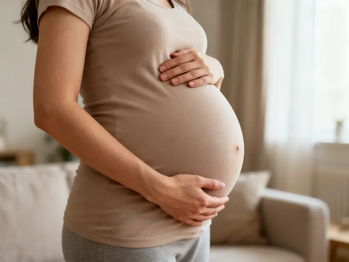 Kobieta w drugim trymestrze ciąży delikatnie obejmująca zaokrąglony brzuch