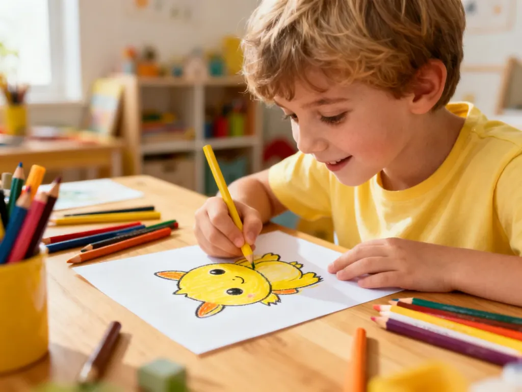 Dziecko z radością rysuje kolorowymi kredkami postać przypominającą Pikachu przy drewnianym biurku.