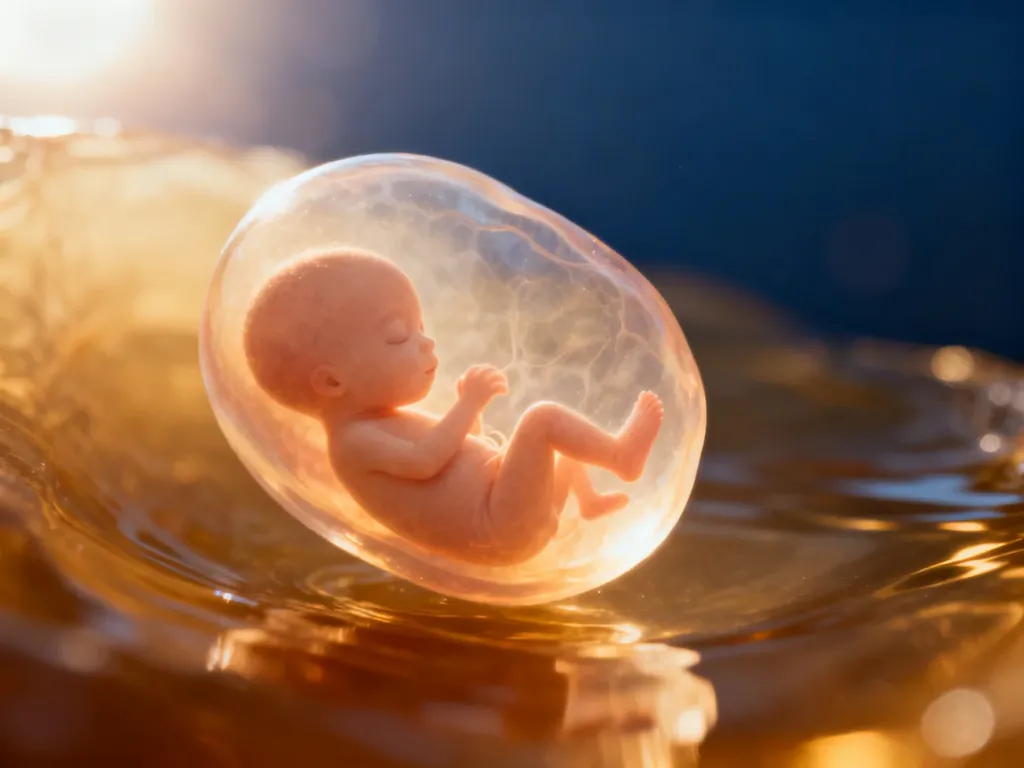 Rozwijający się zarodek w ósmym tygodniu ciąży, otoczony pęcherzem płodowym w ciepłym, złotym świetle.