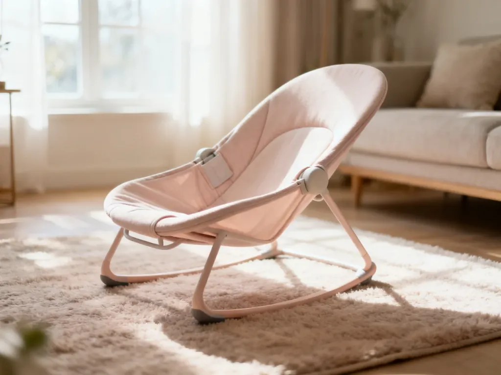 Nowoczesny, ergonomiczny leżaczek dla niemowląt ustawiony w przytulnym, jasnym salonie.