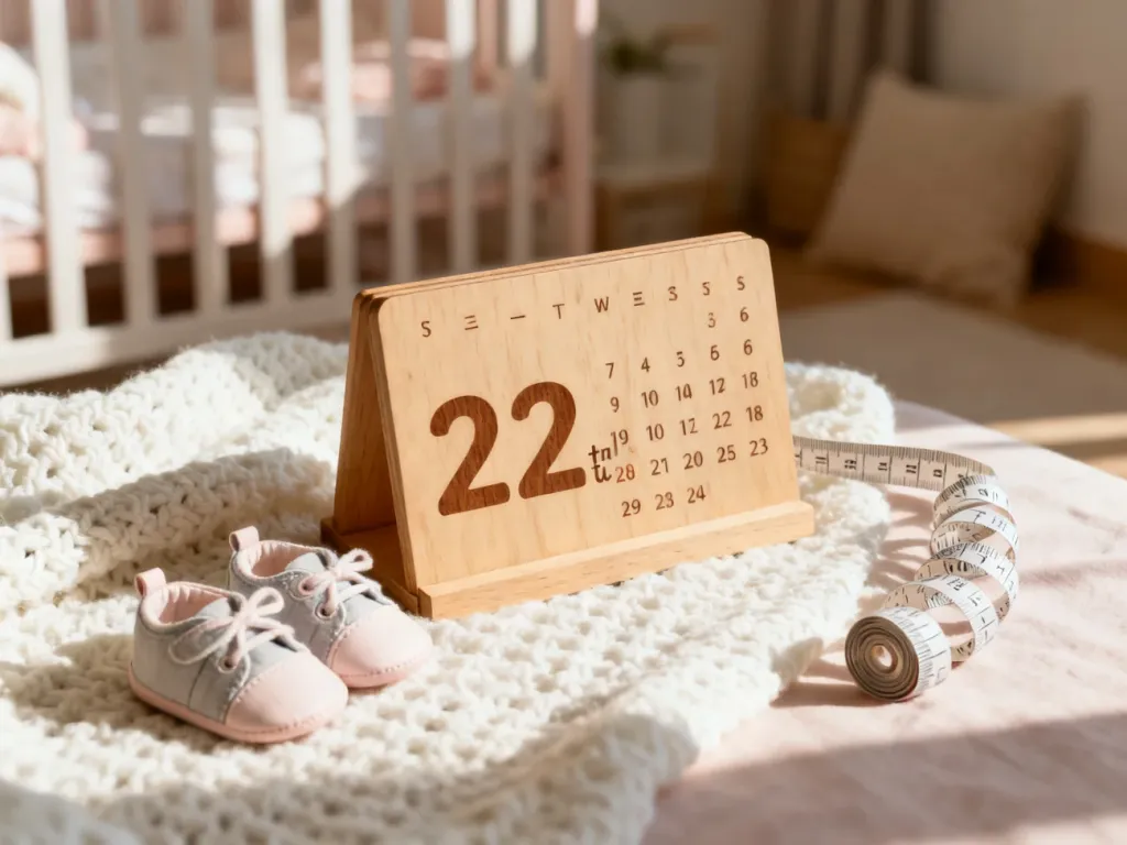 Drewniany kalendarz wskazujący 22. tydzień ciąży, dziecięce buciki i miarka na miękkim kocu, symbolizujące rozwój dziecka.