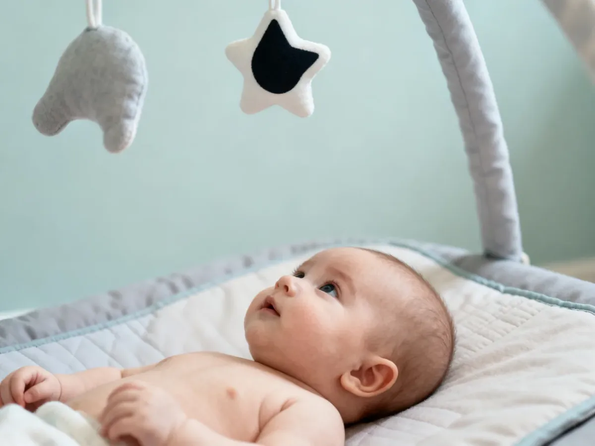 Spokojne niemowlę bawiące się na prostej macie sensorycznej