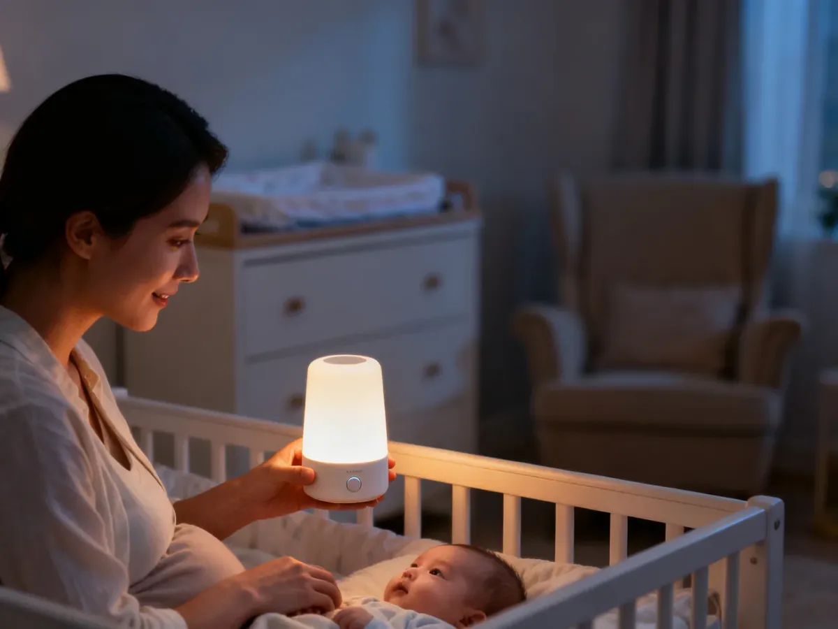 Rodzic korzystający z przenośnej lampki podczas nocnej opieki nad niemowlęciem