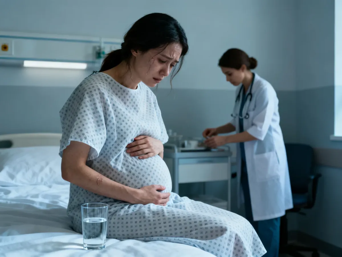 Osłabiona kobieta w ciąży otrzymuje pomoc medyczną z powodu uporczywych wymiotów