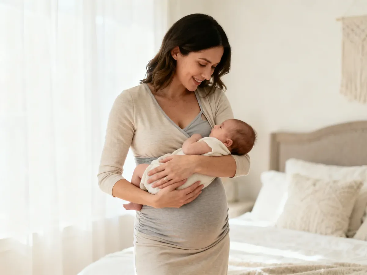 Mama w sukience ciążowej z funkcją karmienia trzymająca niemowlę