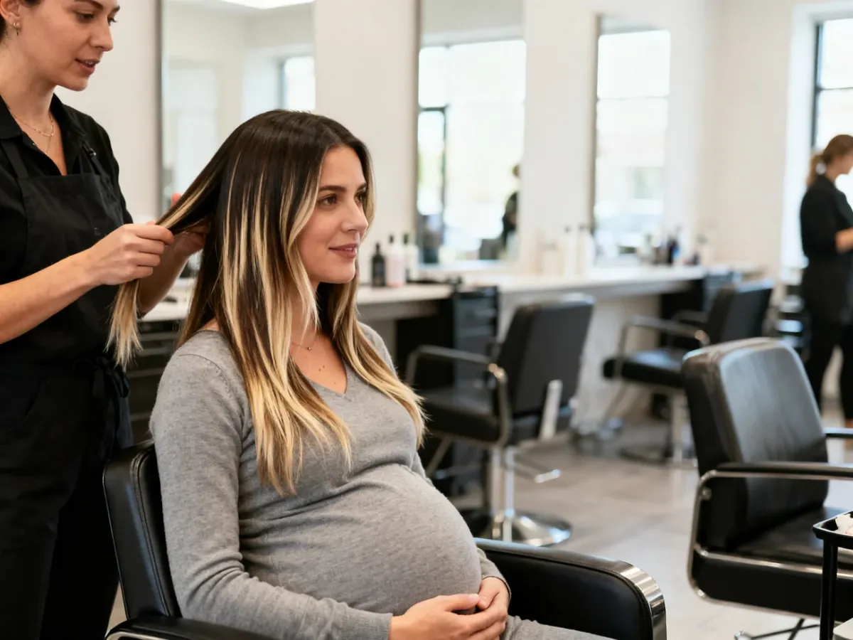 Kobieta w ciąży omawiająca z fryzjerem bezpieczną koloryzację włosów w jasnym salonie
