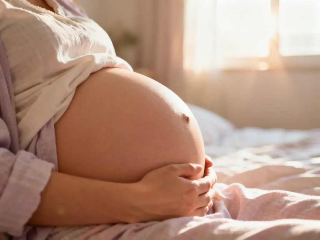 Ciężarna kobieta w miękkim ubraniu trzymająca dłonie na brzuchu w przytulnej, słonecznej sypialni.
