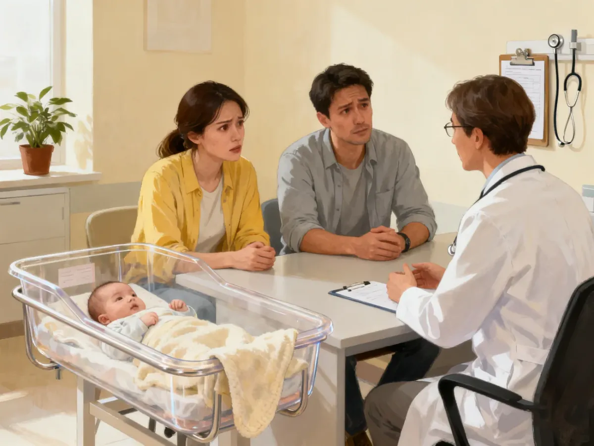Rodzice rozmawiają z lekarzem o dalszej diagnostyce noworodka