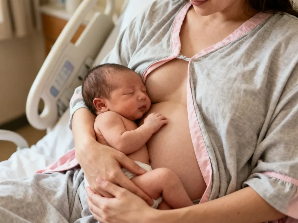 Mama kangurowała noworodka w rozpinanej koszuli szpitalnej