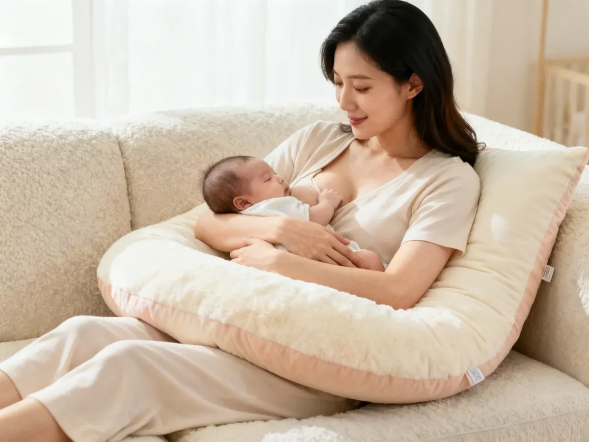 Mama karmiąca niemowlę z pomocą poduszki ciążowej