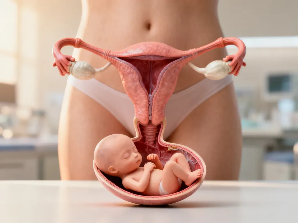Anatomiczna ilustracja macicy z płodem w 16. tygodniu ciąży, ukazująca jego położenie w dolnej części brzucha.