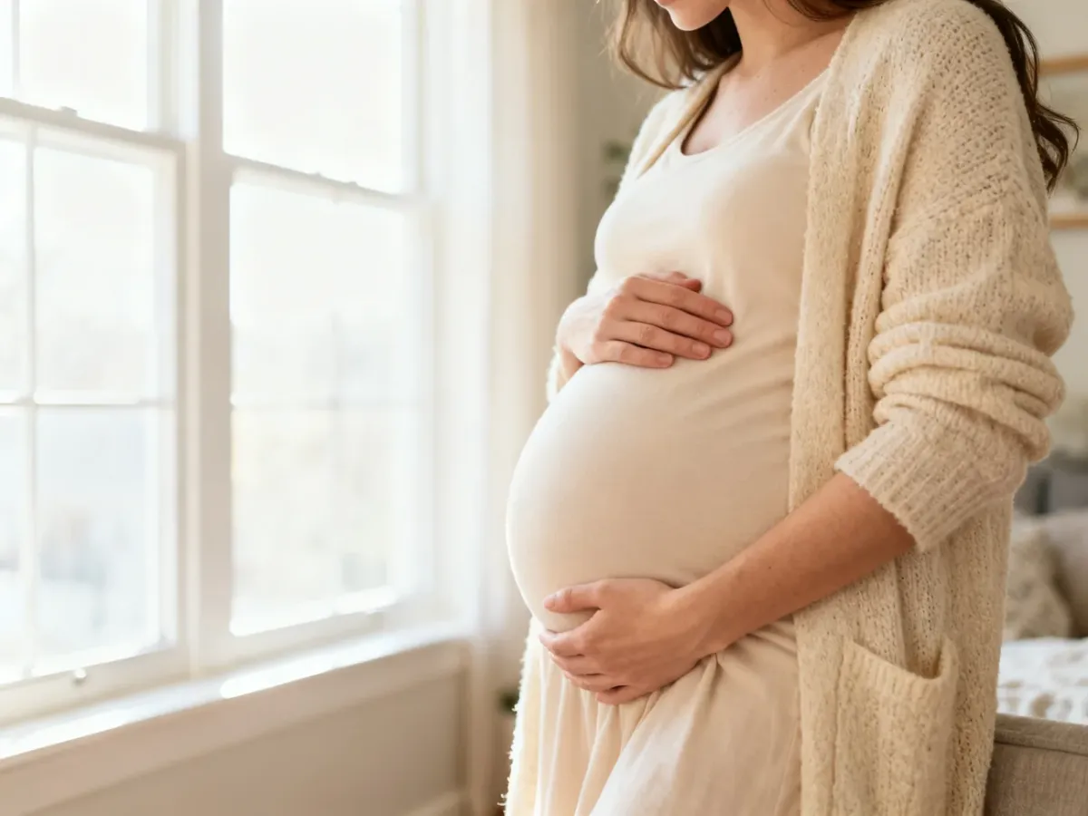 Kobieta w 13. tygodniu ciąży delikatnie trzymająca dłoń na brzuchu