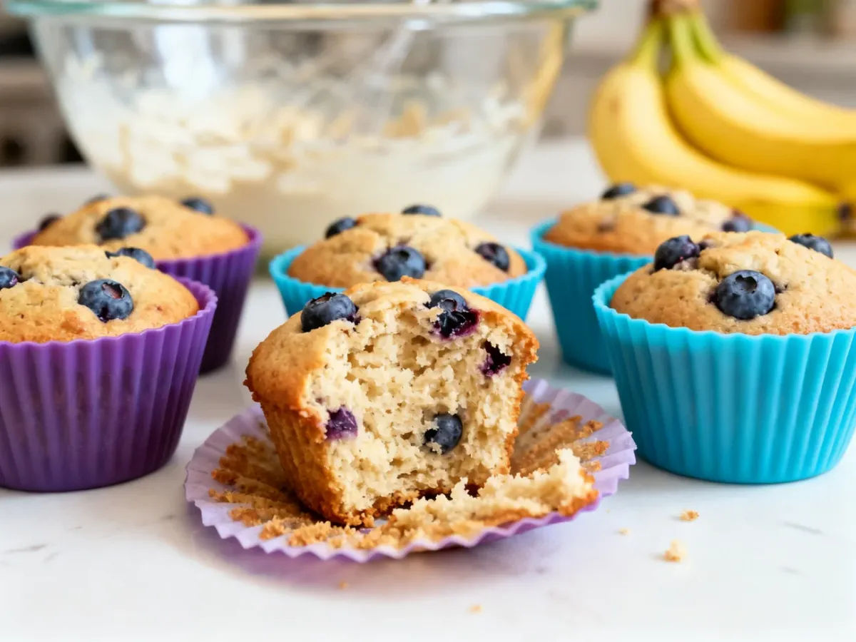 Miękkie muffiny bananowe z borówkami w silikonowych foremkach