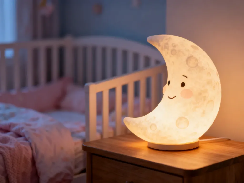 Delikatna lampka nocna w kształcie księżyca na drewnianym stoliku, tworząca przytulną atmosferę w pokoju niemowlaka.