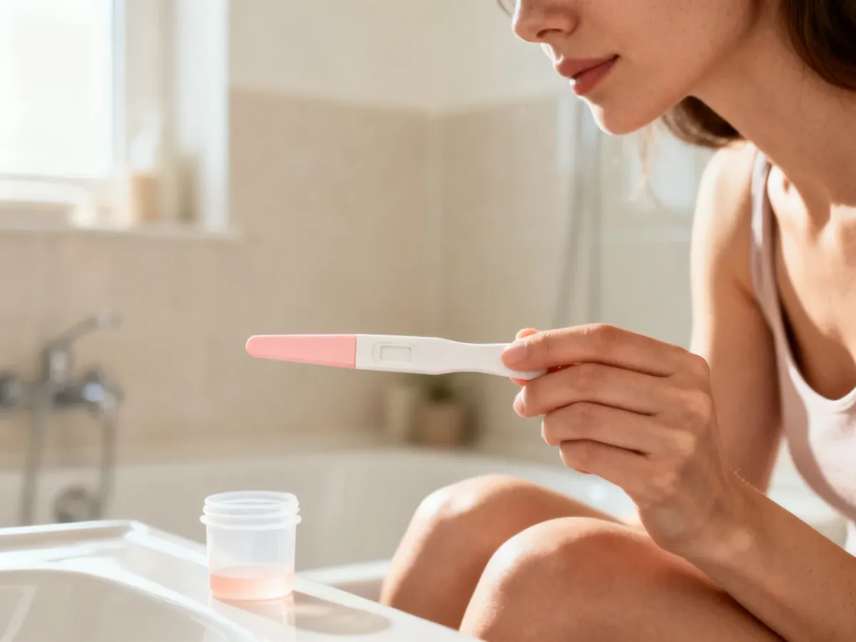 Kobieta wykonująca domowy test ciążowy w jasnej łazience