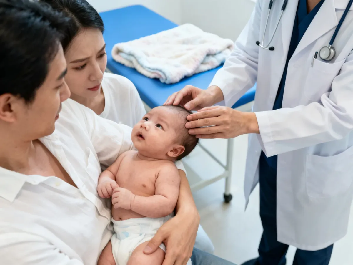 Rodzic konsultujący z pediatrą niepokojące objawy u noworodka