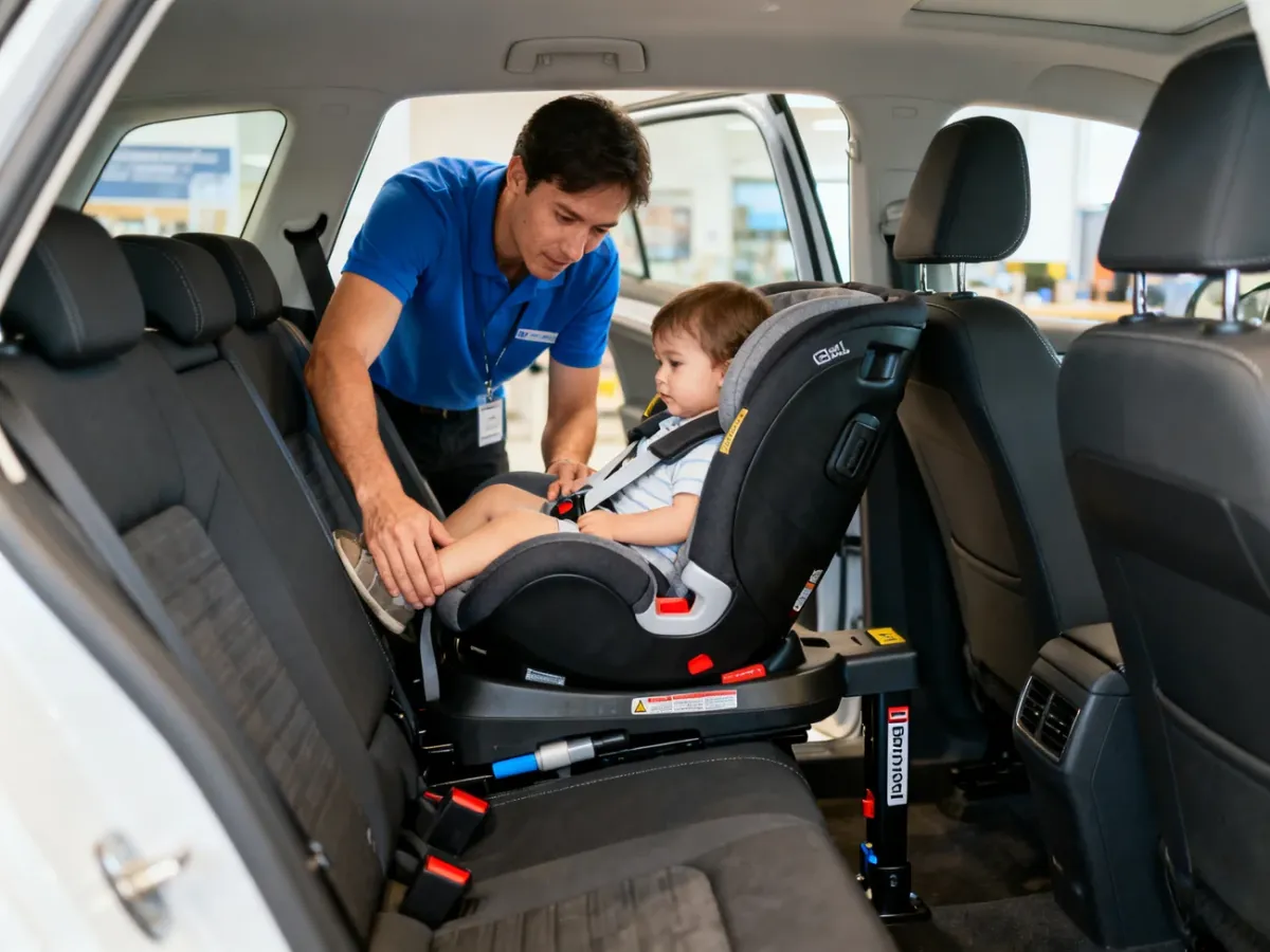 Przymiarka fotelika niemowlęcego i bazy ISOFIX w samochodzie