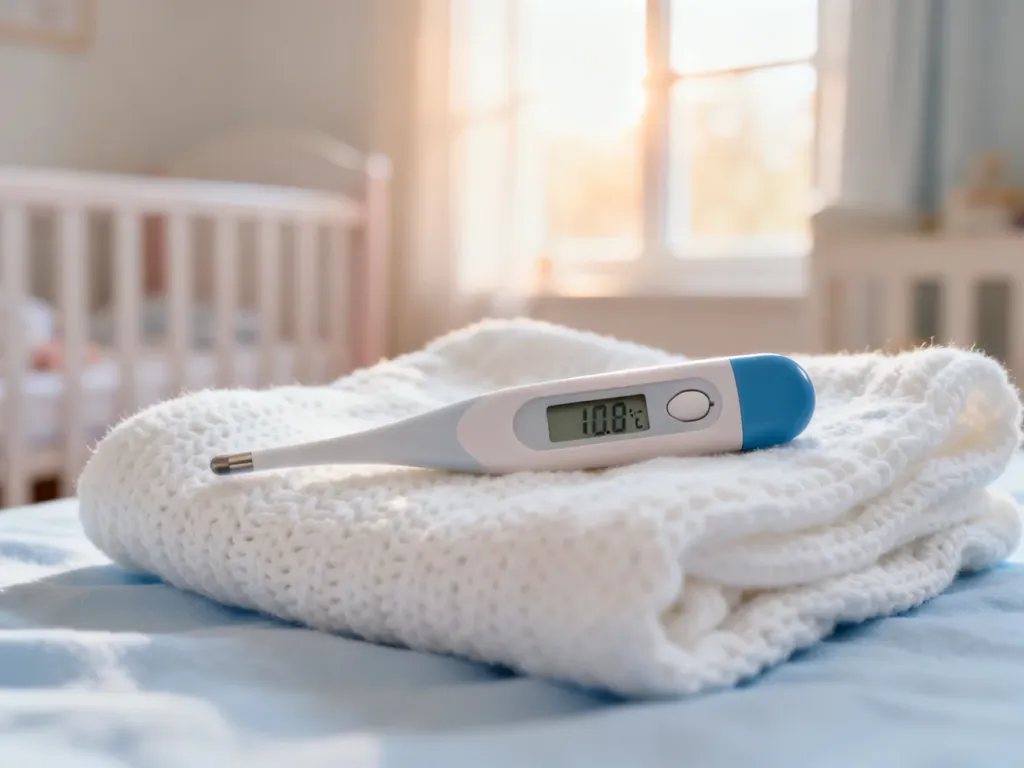 Cyfrowy termometr medyczny z prawidłowym wynikiem temperatury na miękkim kocyku dziecięcym w jasnym pokoju.
