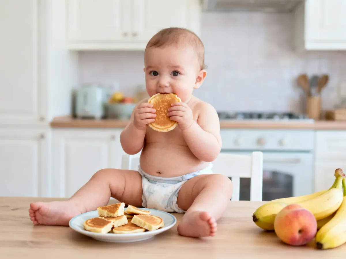 Dziecko pod nadzorem dorosłego trzymające miękki placuszek bananowy