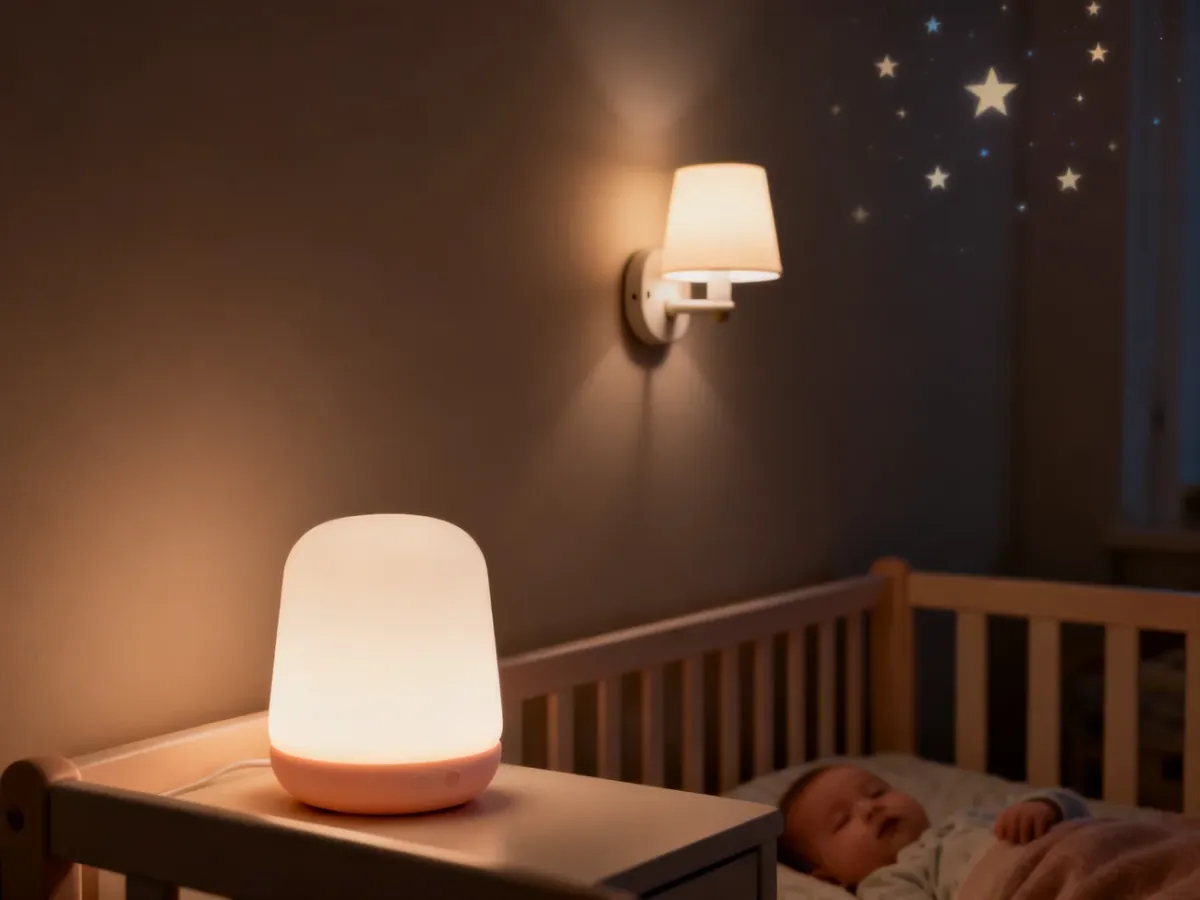 Różne typy lampek nocnych w spokojnym pokoju niemowlaka