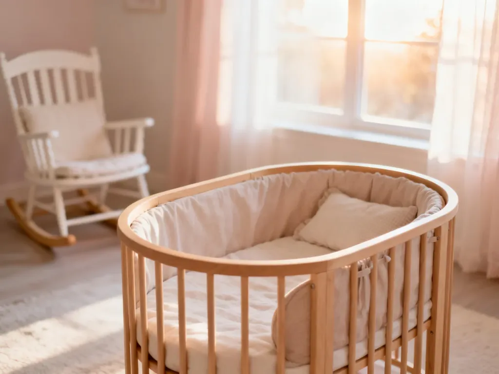Minimalistyczna drewniana kołyska z miękką pościelą w jasnym, przytulnym pokoju dziecięcym.