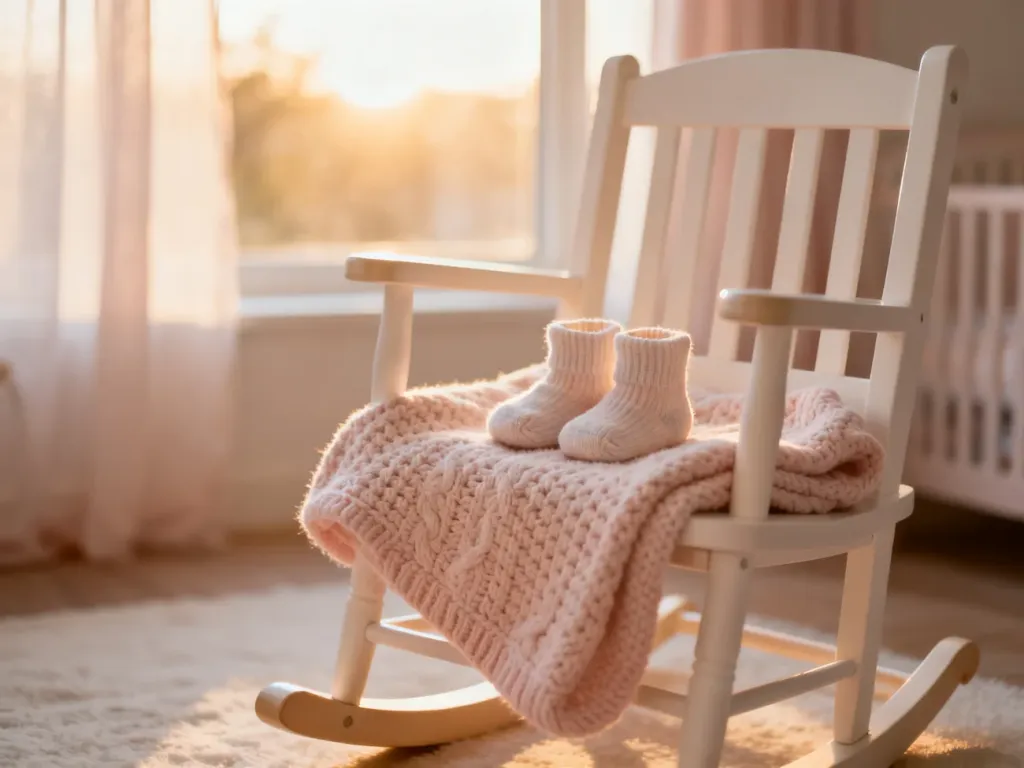 Przytulny pokój dziecięcy z kołyską, kocykiem i niemowlęcymi skarpetkami w ciepłym, porannym świetle.