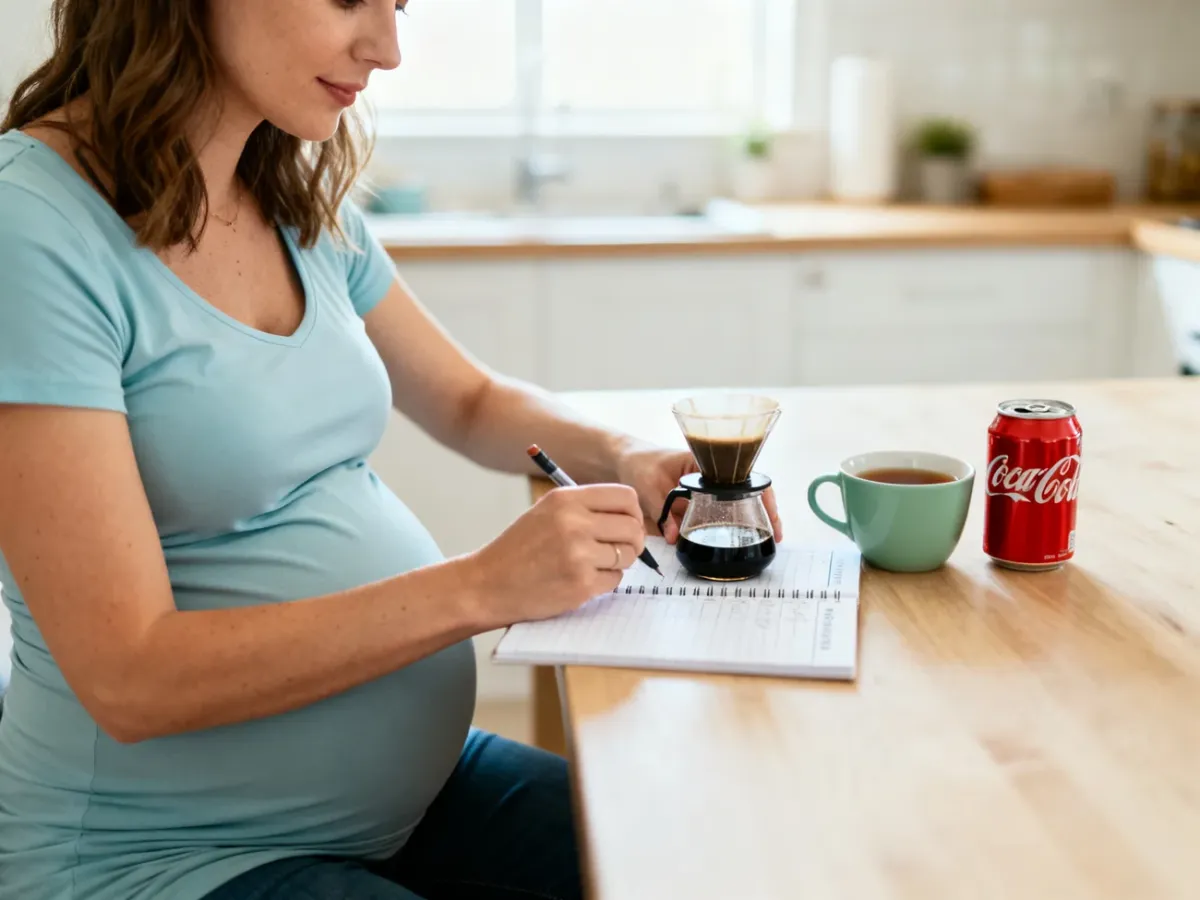 Ciężarna kobieta kontrolująca dzienne spożycie kofeiny przy kawie, herbacie i coli