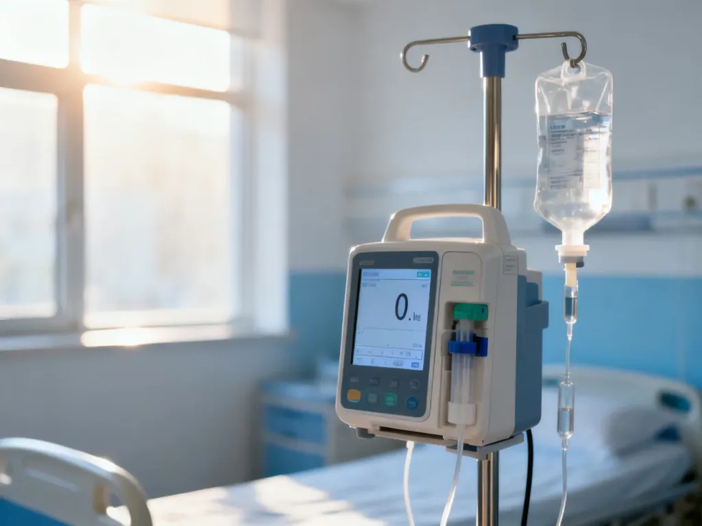 Pompa infuzyjna podająca kroplówkę z oksytocyną w nowoczesnej sali szpitalnej.
