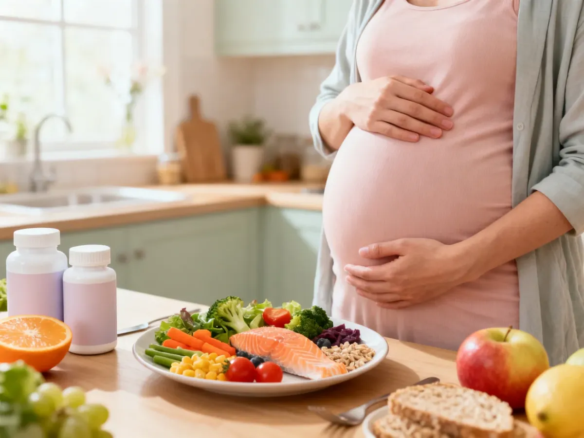 Ciężarna kobieta analizująca zdrową dietę i suplementy w kuchni