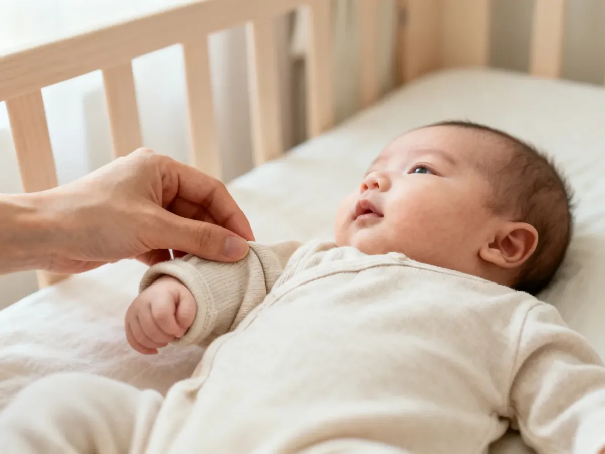 Niemowlę w miękkim bawełnianym ubranku w delikatnym wnętrzu