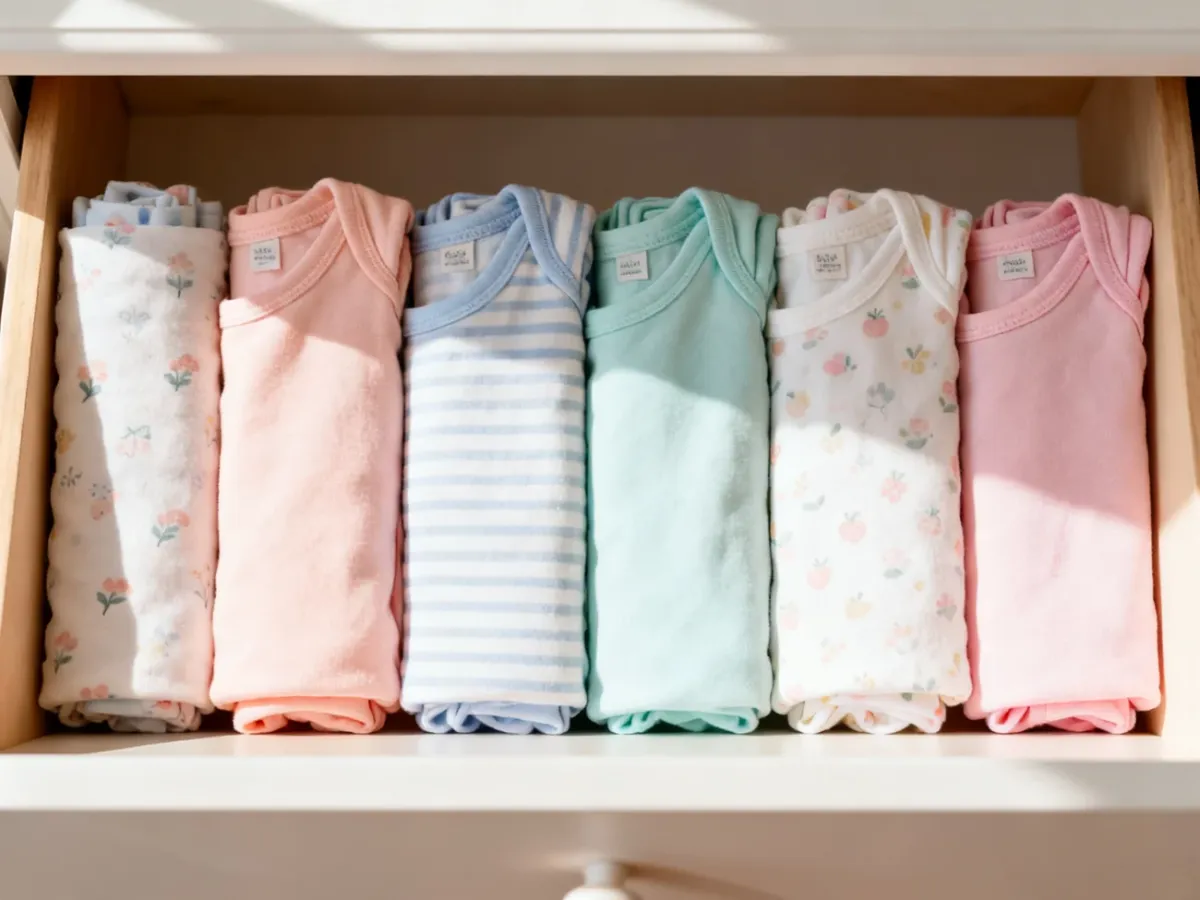 Śpioszki ustawione pionowo w szufladzie metodą KonMari